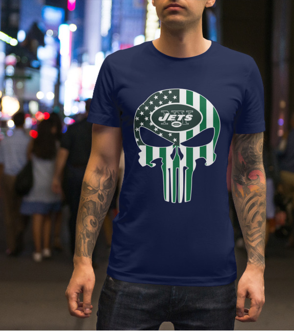 New York Jets Punisher Skull American Flag T-Shirt