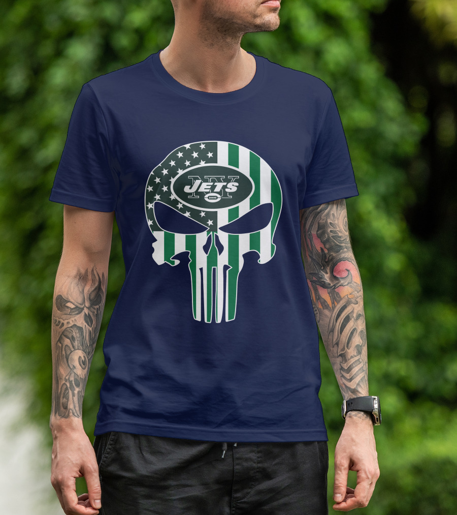 New York Jets Punisher Skull American Flag T-Shirt