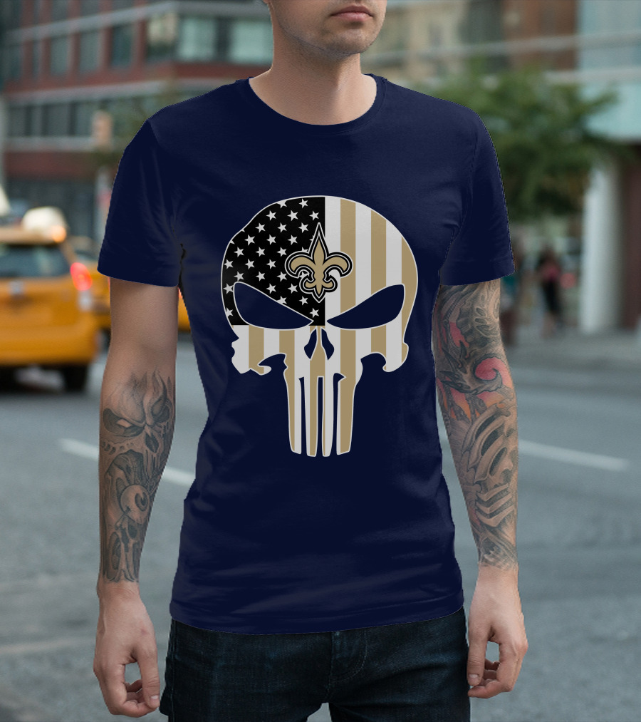 New Orleans Saints The Punisher American Flag Skull Fleur-De-Lis T-Shirt
