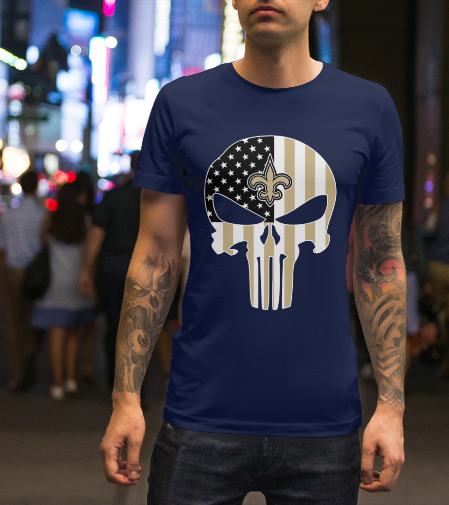 New Orleans Saints The Punisher American Flag Skull Fleur-De-Lis T-Shirt