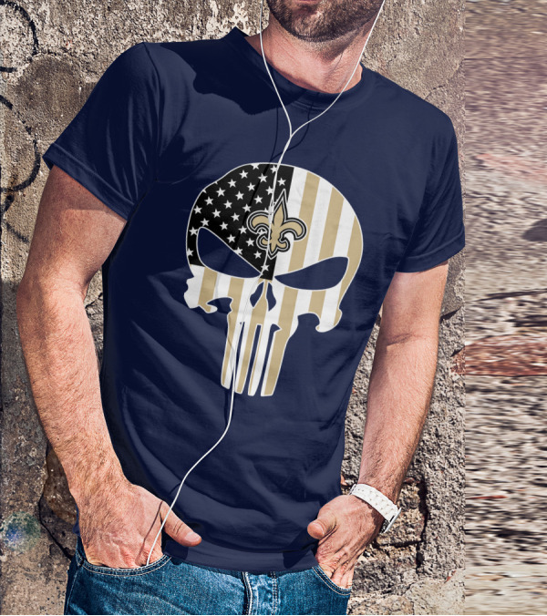 New Orleans Saints The Punisher American Flag Skull Fleur-De-Lis T-Shirt