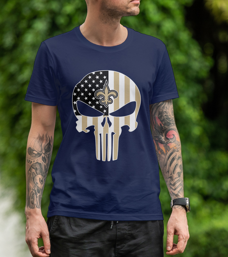 New Orleans Saints The Punisher American Flag Skull Fleur-De-Lis T-Shirt