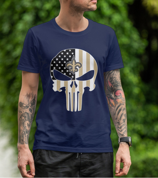 New Orleans Saints The Punisher American Flag Skull Fleur-De-Lis T-Shirt