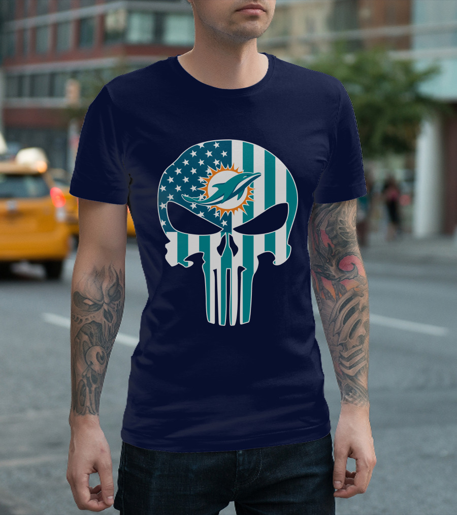Miami Dolphins The Punisher American Flag Skulls T-Shirt