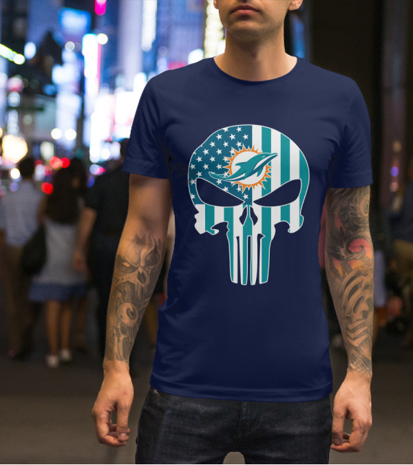 Miami Dolphins The Punisher American Flag Skulls T-Shirt