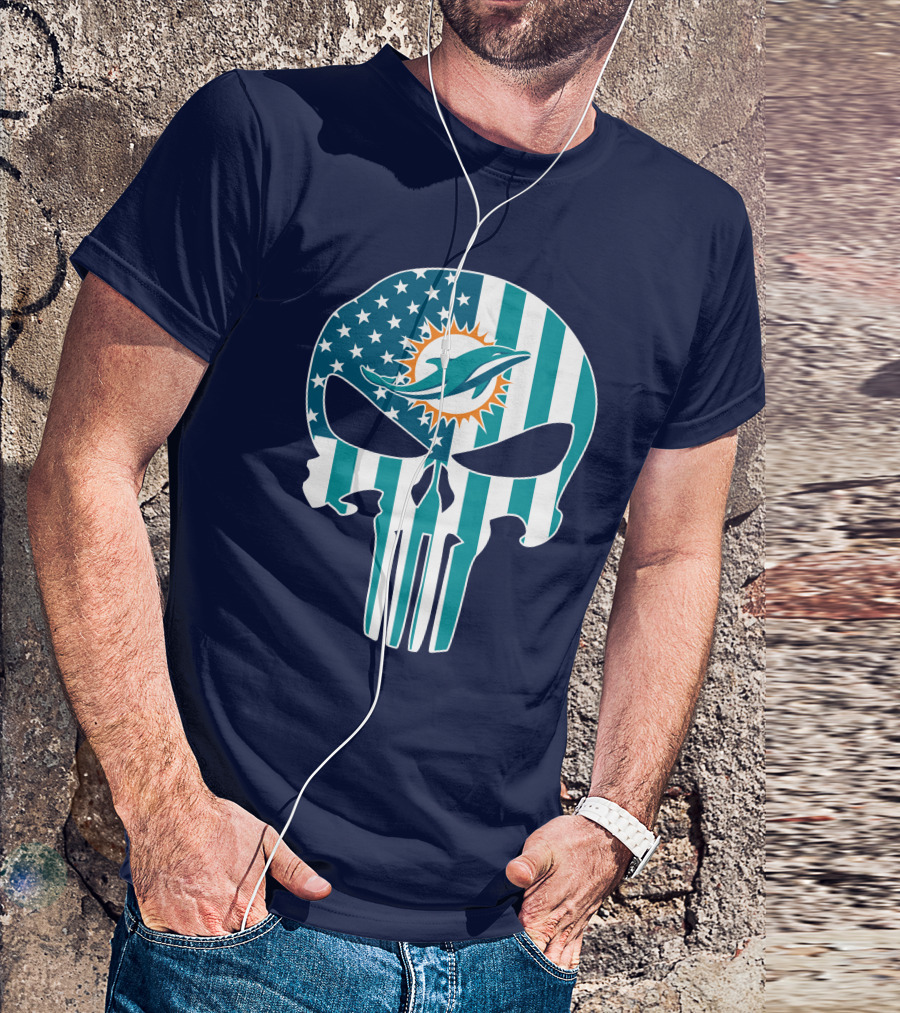 Miami Dolphins The Punisher American Flag Skulls T-Shirt