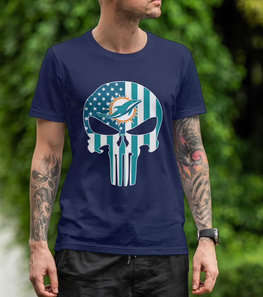Miami Dolphins The Punisher American Flag Skulls T-Shirt