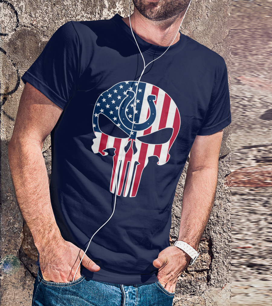 Indianapolis Colts The Punisher Skull American Flag Colts Horseshoe T-Shirt