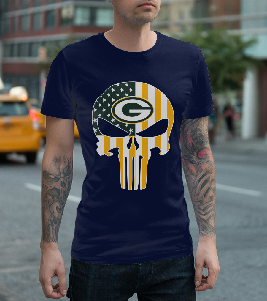 Green Bay Packers The Punisher American Flag Skull T-Shirt