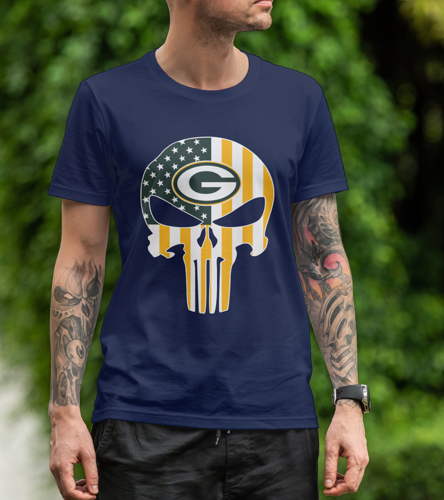 Green Bay Packers The Punisher American Flag Skull T-Shirt