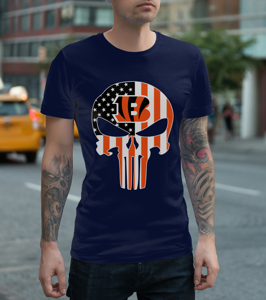 Cincinnati Bengals Skull Logo American Flag T-Shirt