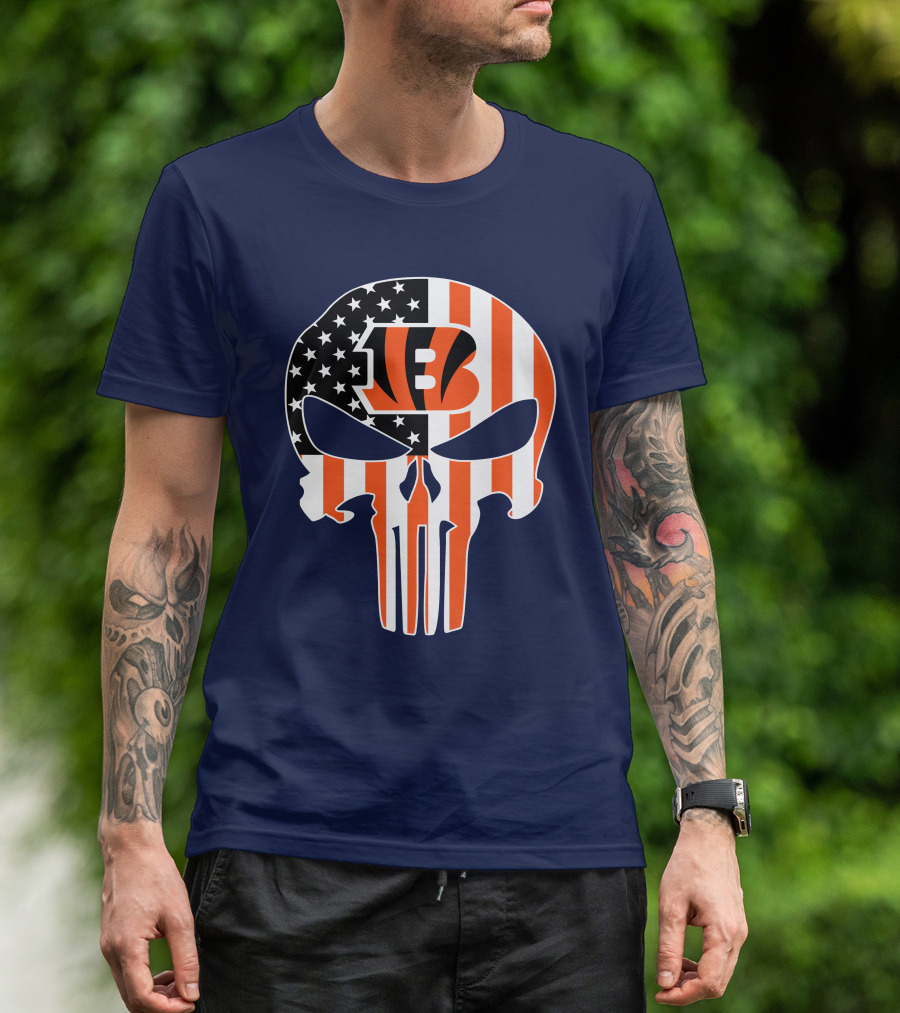 Cincinnati Bengals Skull Logo American Flag T-Shirt