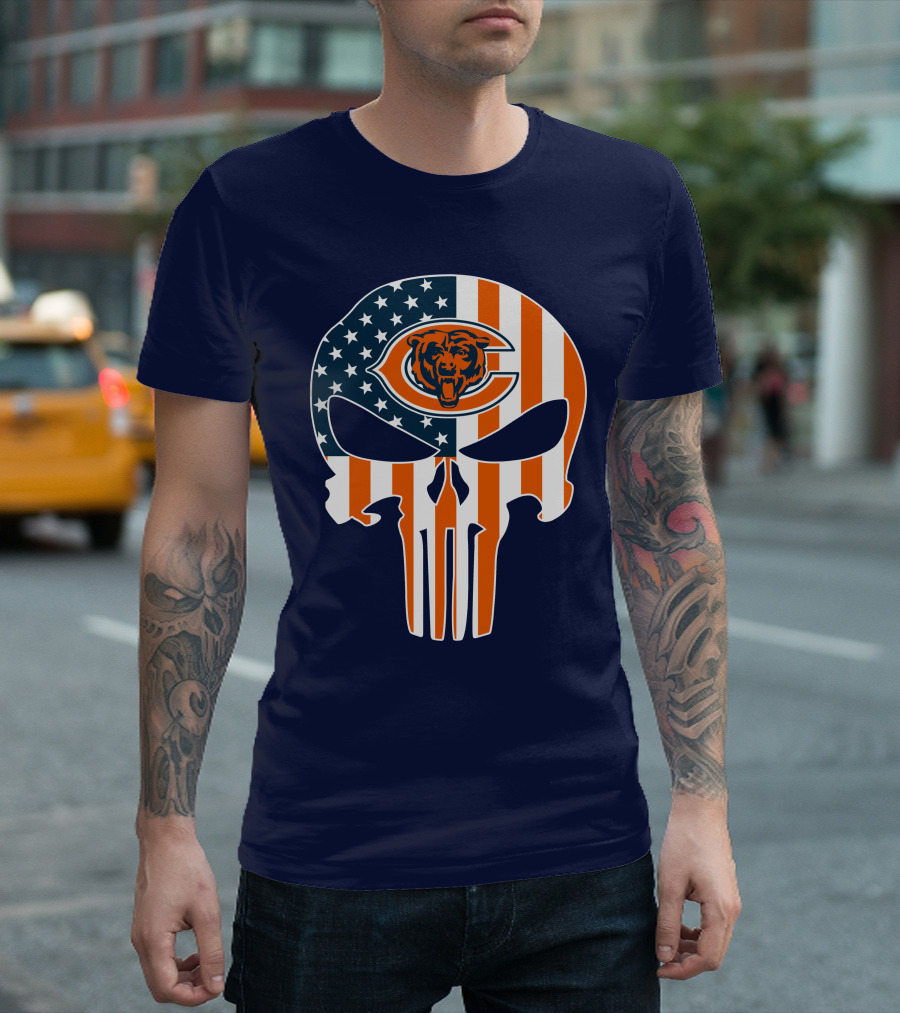 Chicago Bears The Punisher Skull American Flag T-Shirt