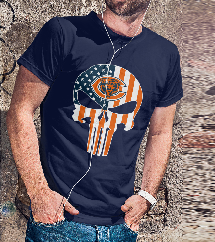 Chicago Bears The Punisher Skull American Flag T-Shirt