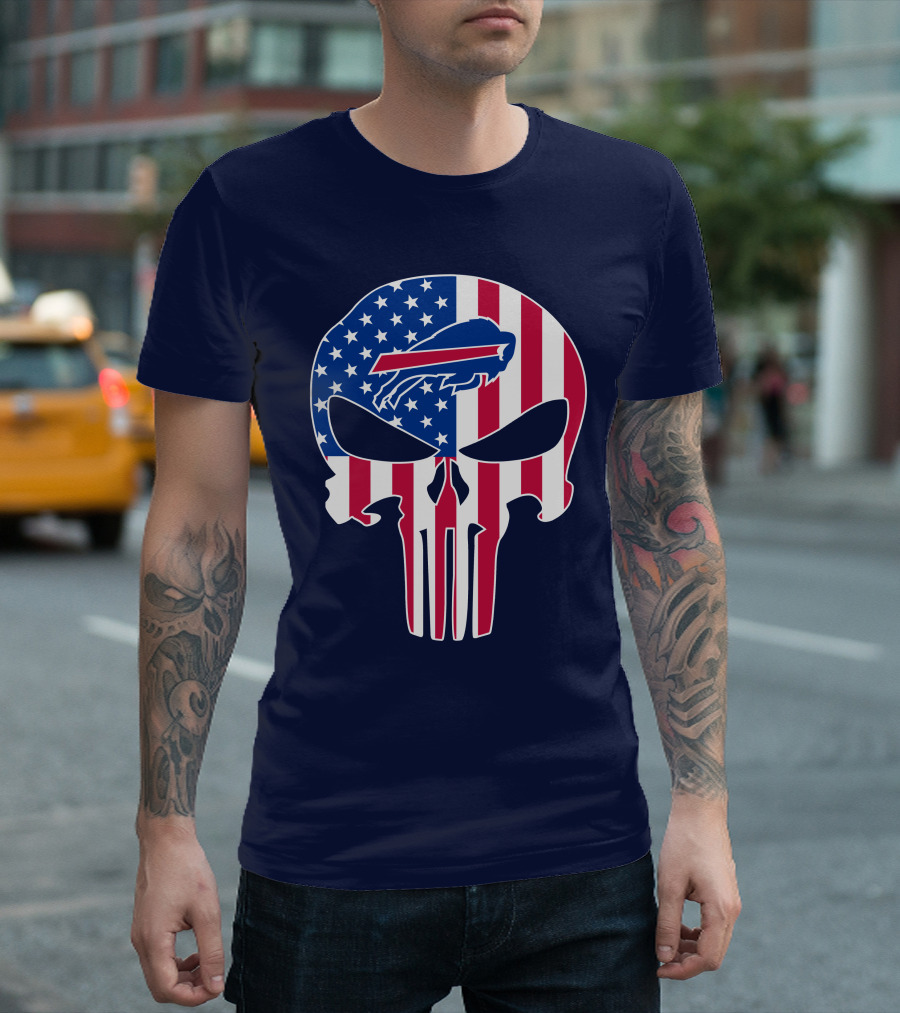 Buffalo Bills The Punisher Skull American Flag Logo Patriotic Sports Fan T-Shirt