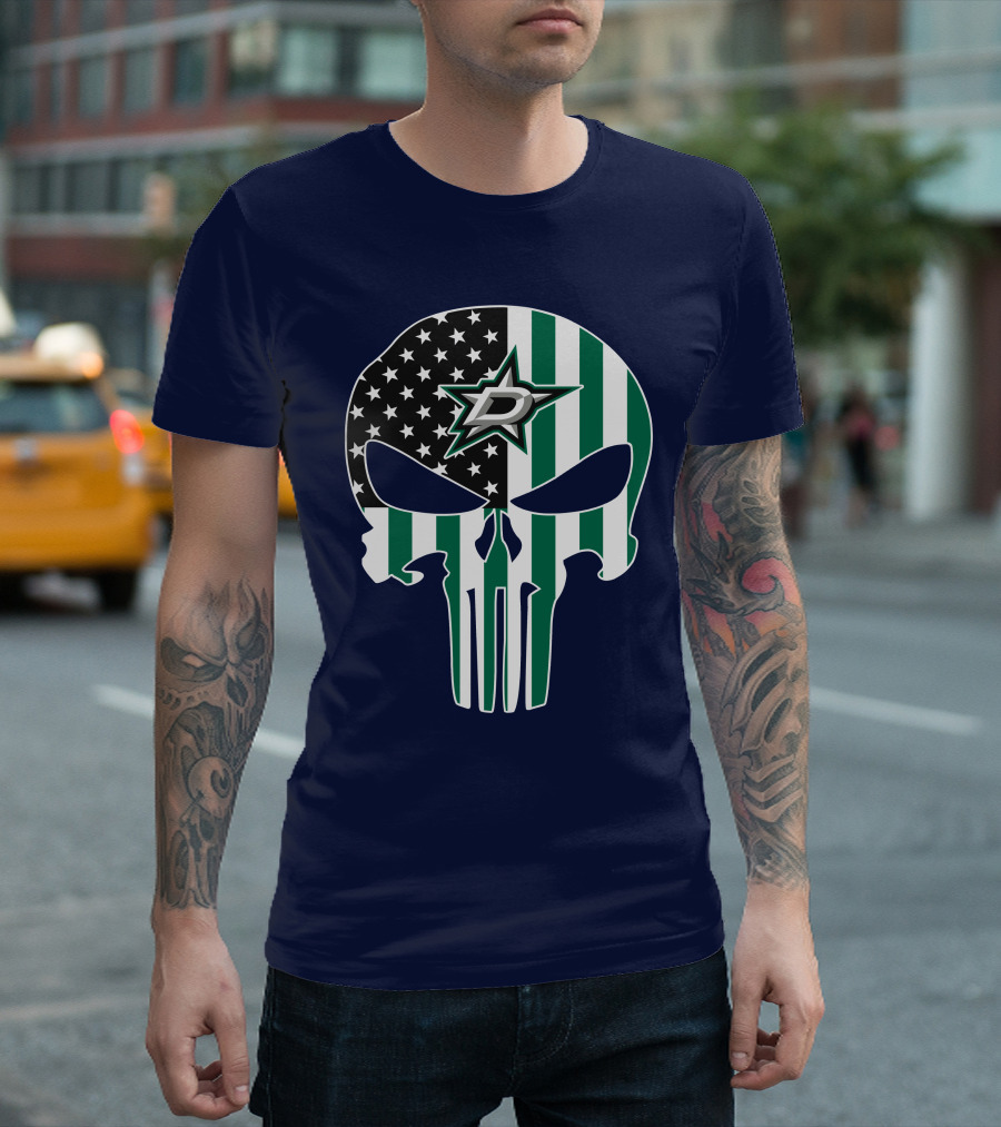 Dallas Stars Punisher Skull American Flag Stripe T-Shirt