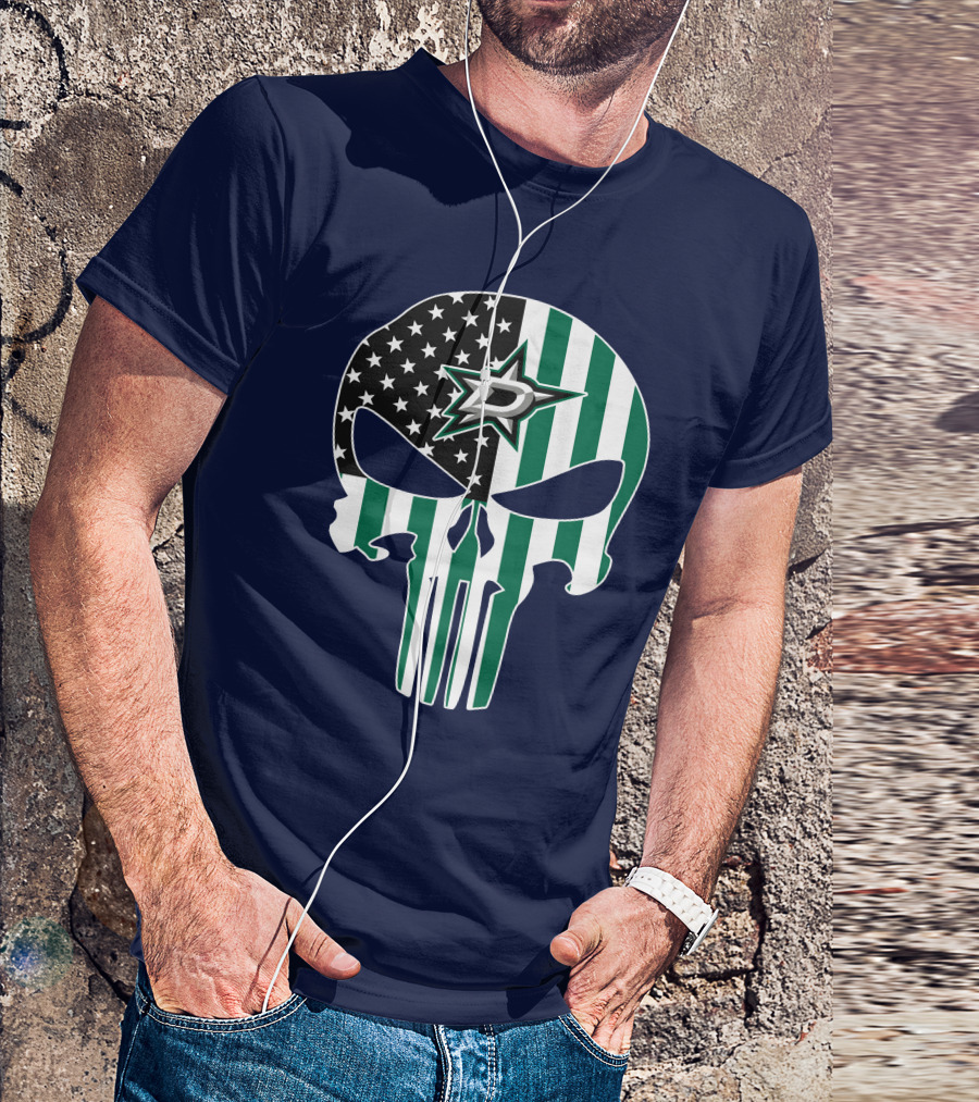 Dallas Stars Punisher Skull American Flag Stripe T-Shirt