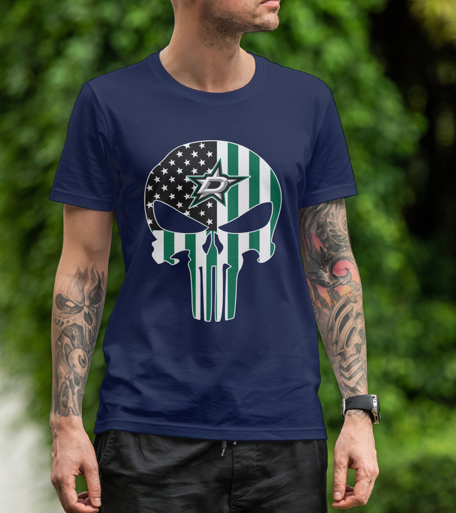 Dallas Stars Punisher Skull American Flag Stripe T-Shirt
