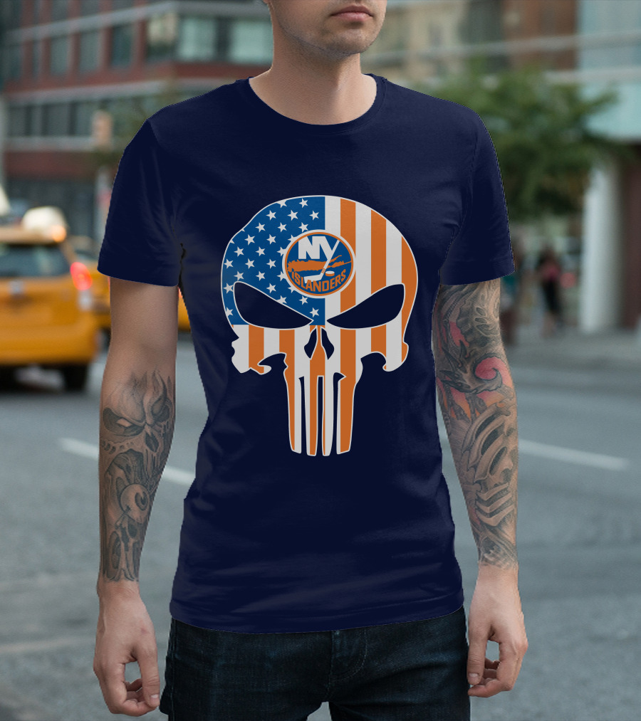 New York Islanders Punisher Skull American Flag T-Shirt