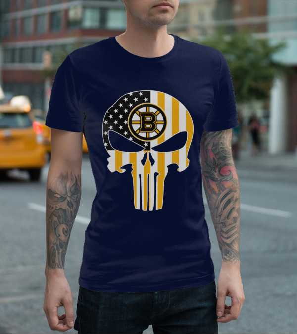 Boston Bruins The Punisher American Flag Skull T-Shirt