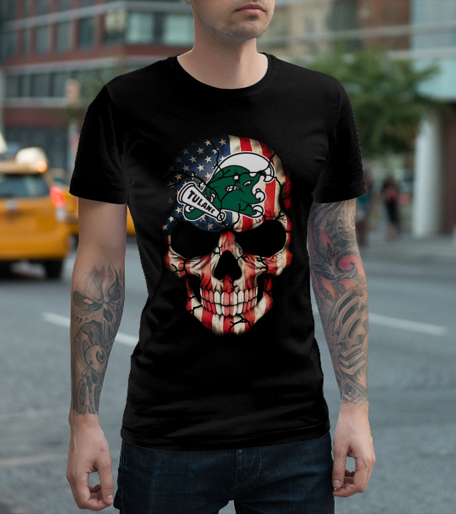 Patriotic Skull With Tulane Green Wave Logo On American Flag Style T-Shirt