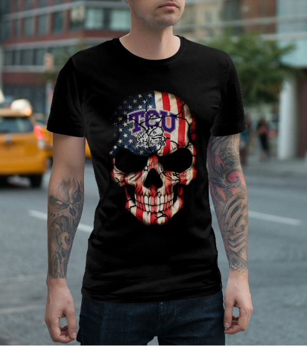 Tcu Horned Frogs American Flag Skull T-Shirt