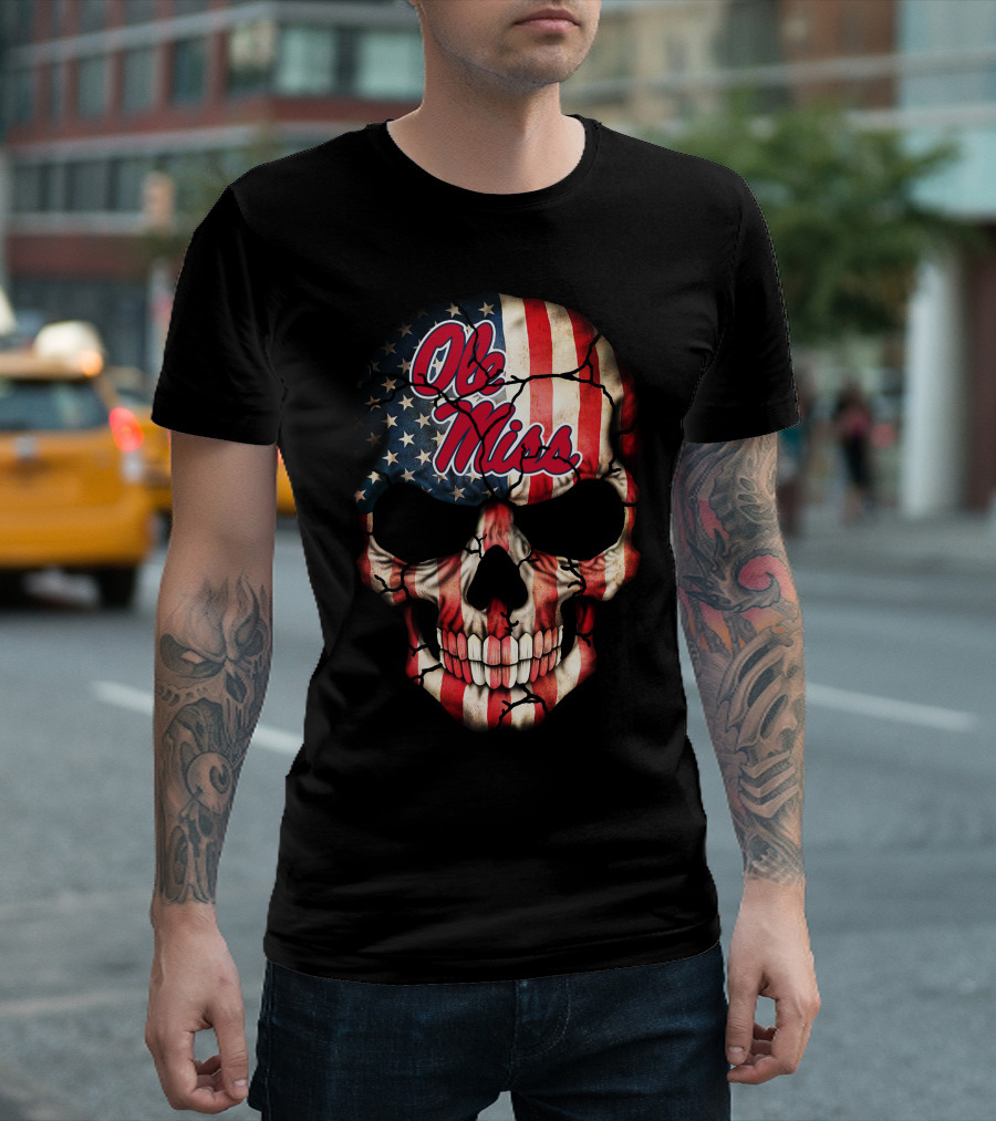 Ole Miss Rebels American Flag Skull T-Shirt