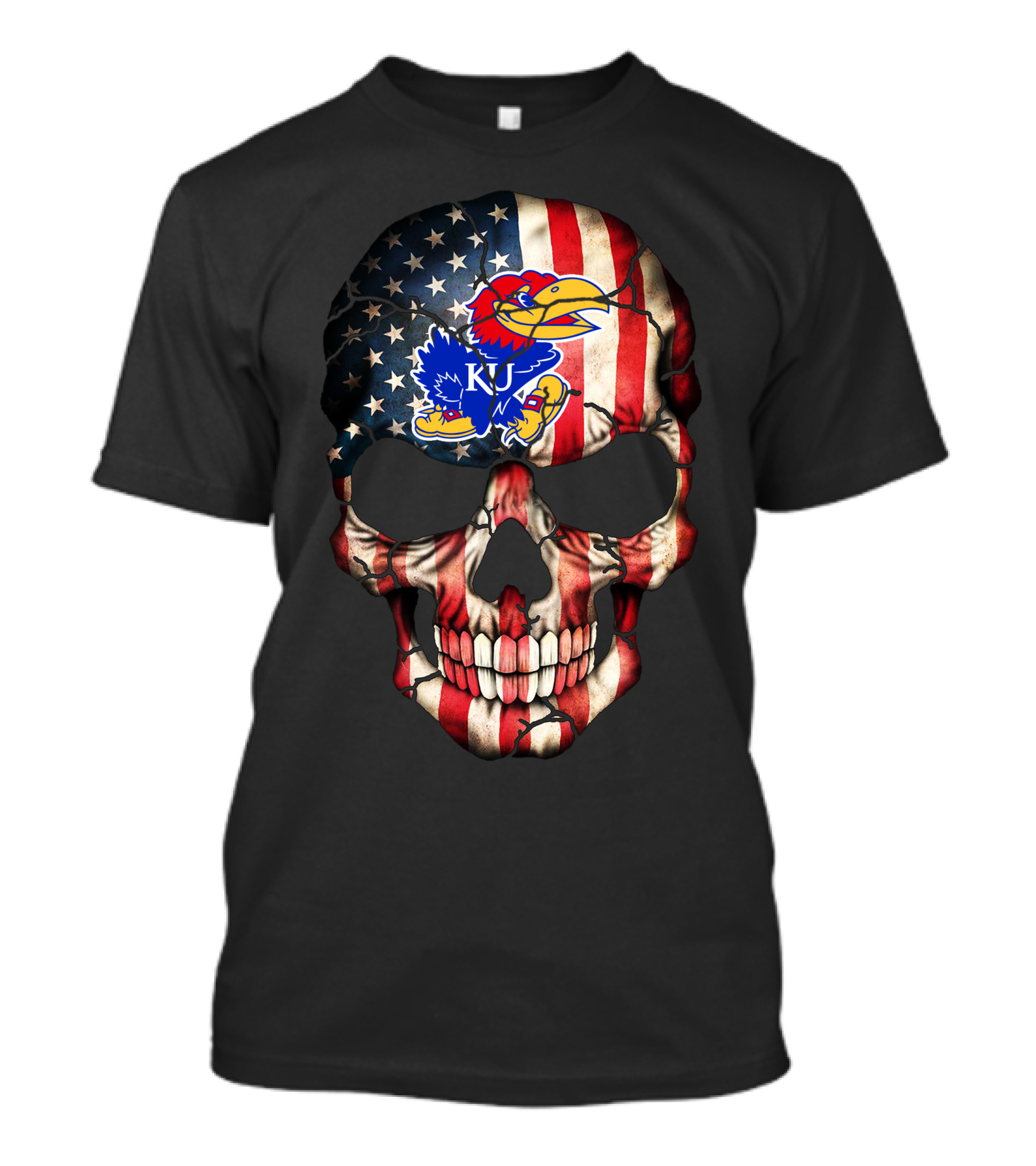 Patriotic Skull With Kansas Jayhawks Logo American Flag 80S Style T-Shirt