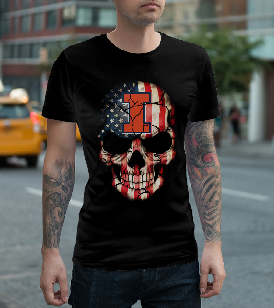 I Illinois Fighting Illini American Flag Skull 84 T-Shirt