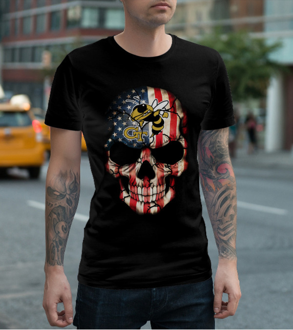 American Flag Skull With Georgia Tech Yellow Jackets Logo And Mascot T-Shirt