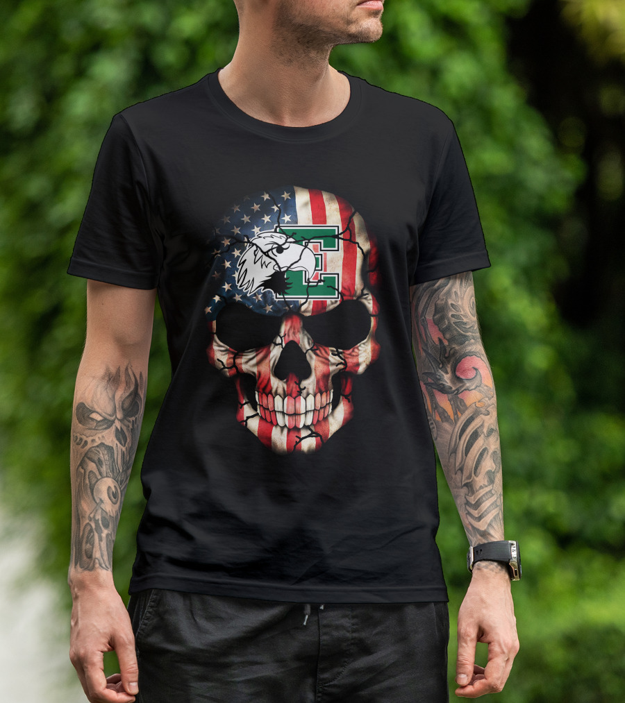 Eastern Michigan Eagles Skull American Flag T-Shirt