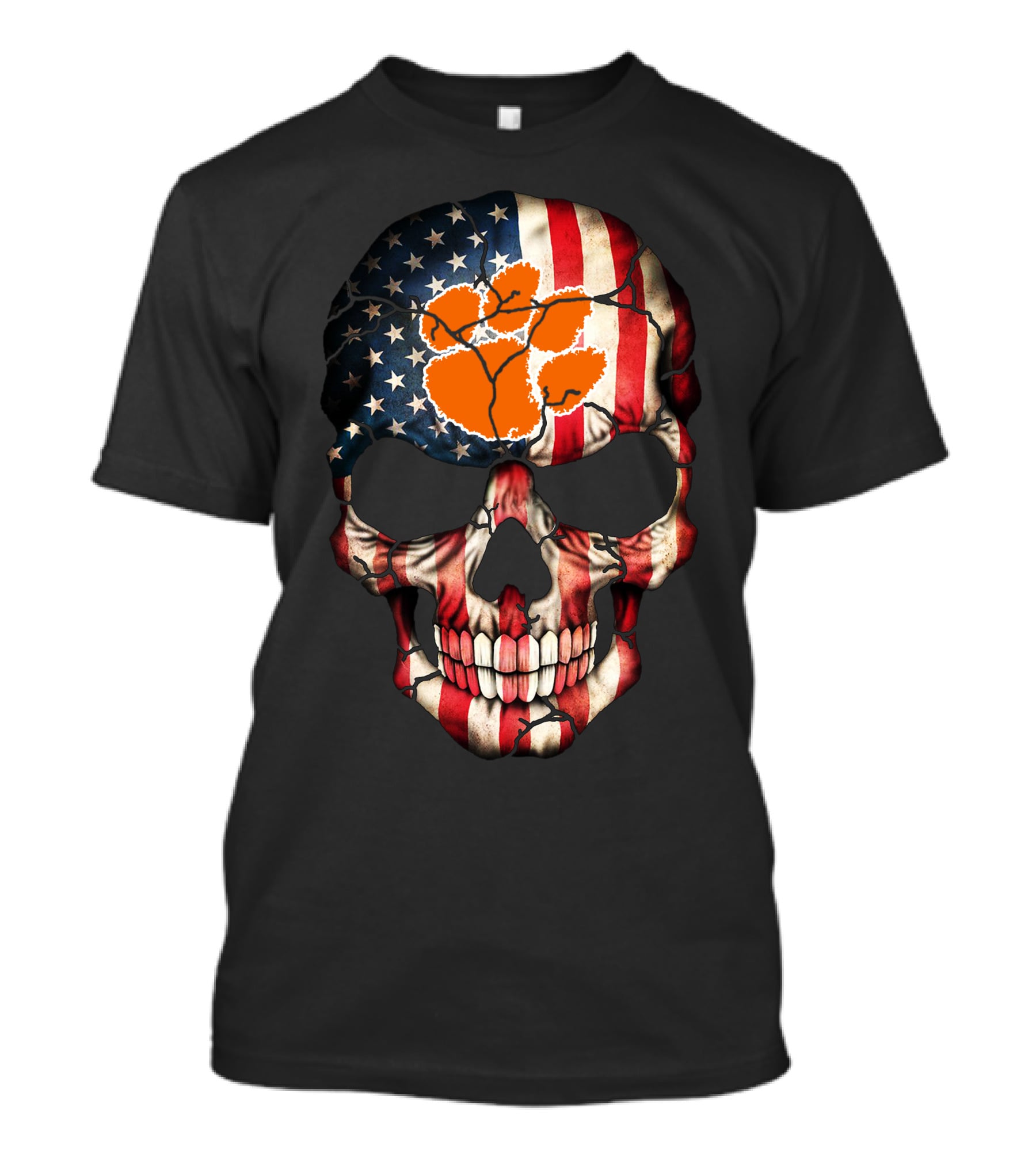 Clemson Tigers Skull American Flag Paw Print T-Shirt