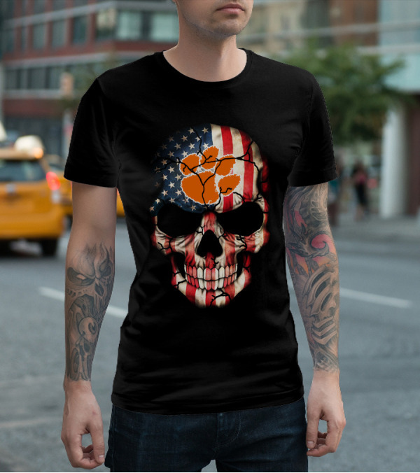 Clemson Tigers Skull American Flag Paw Print T-Shirt