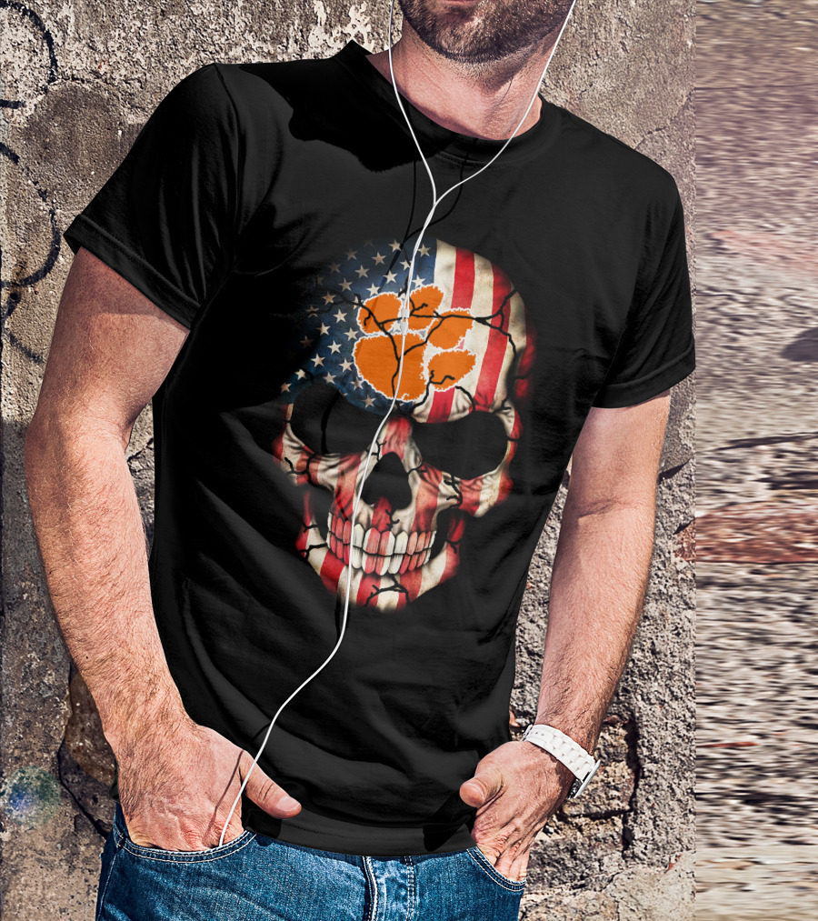 Clemson Tigers Skull American Flag Paw Print T-Shirt