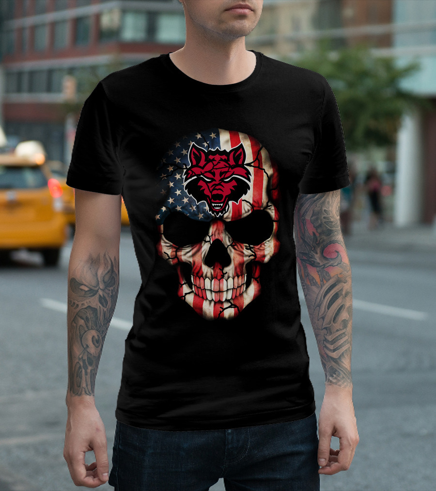Arkansas State Red Wolves American Flag Skull T-Shirt