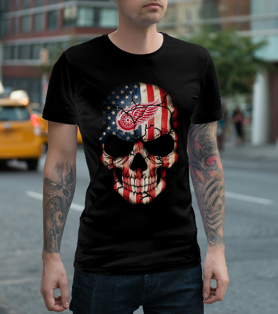 Detroit Red Wings American Flag Skull T-Shirt