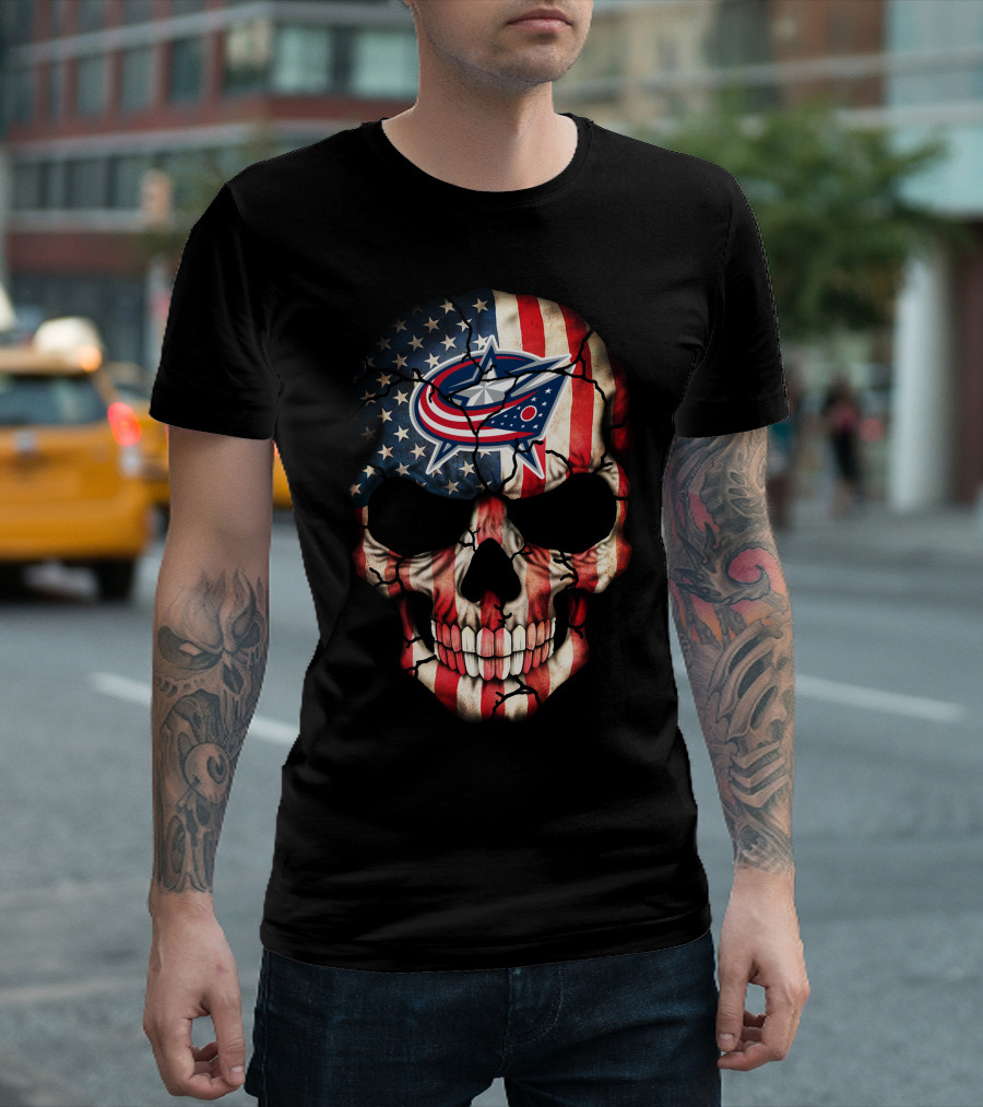 American Flag Skull With Columbus Blue Jackets T-Shirt