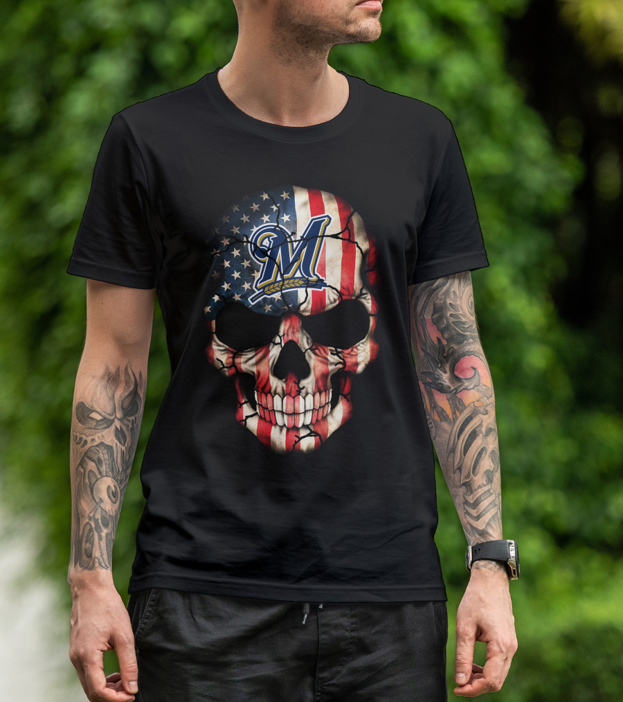 Milwaukee Brewers American Flag Skull With Baseball T-Shirt