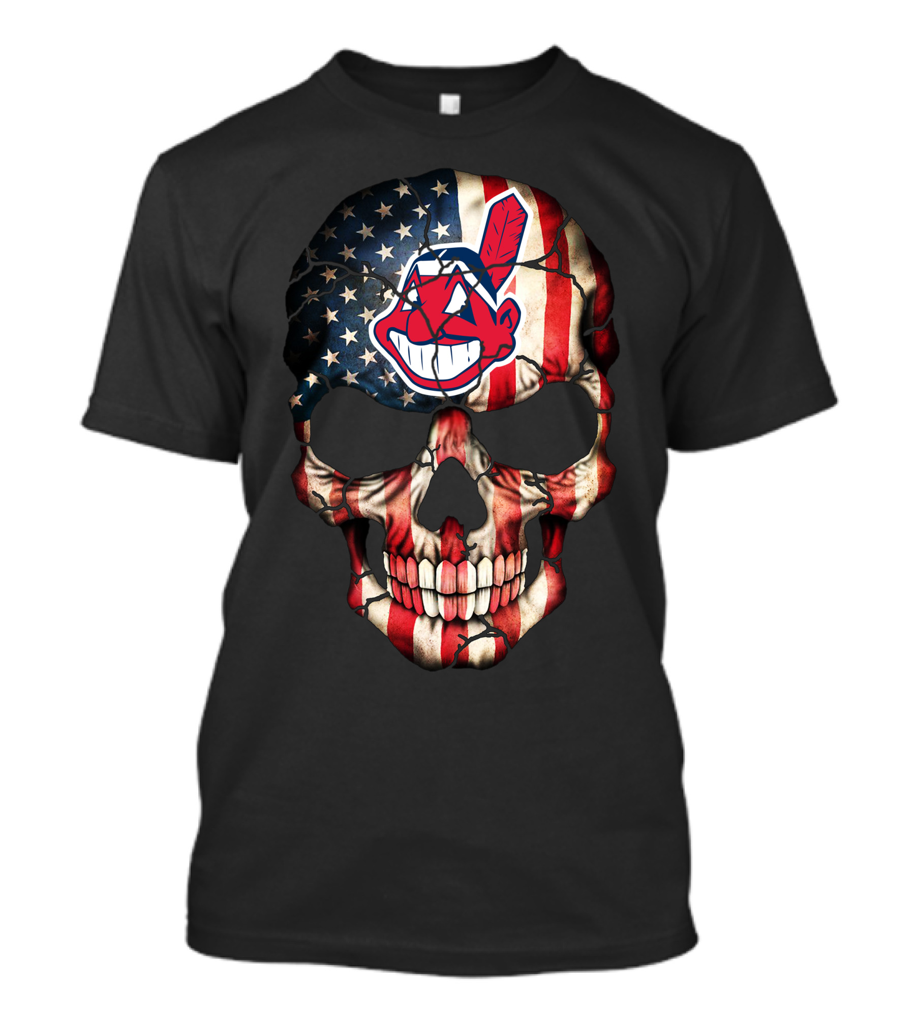 Skull With American Flag And Cleveland Indians T-Shirt