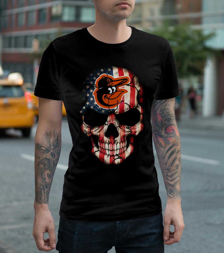 Baltimore Orioles American Flag Skull T-Shirt