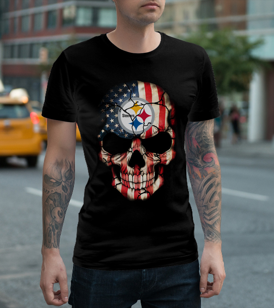 Pittsburgh Steelers American Flag Skull T-Shirt
