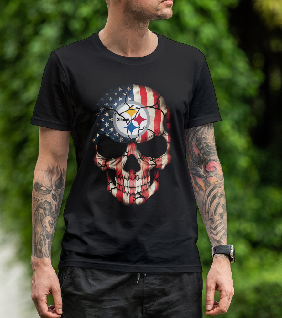 Pittsburgh Steelers American Flag Skull T-Shirt