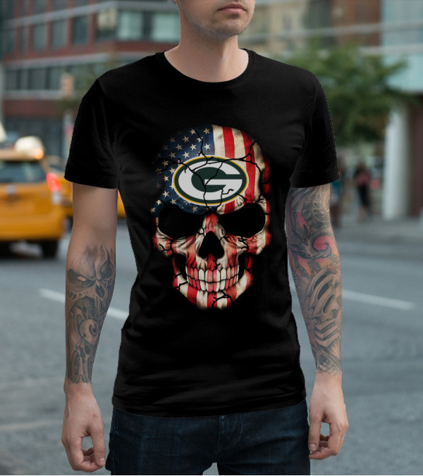 Green Bay Packers American Flag Skull T-Shirt