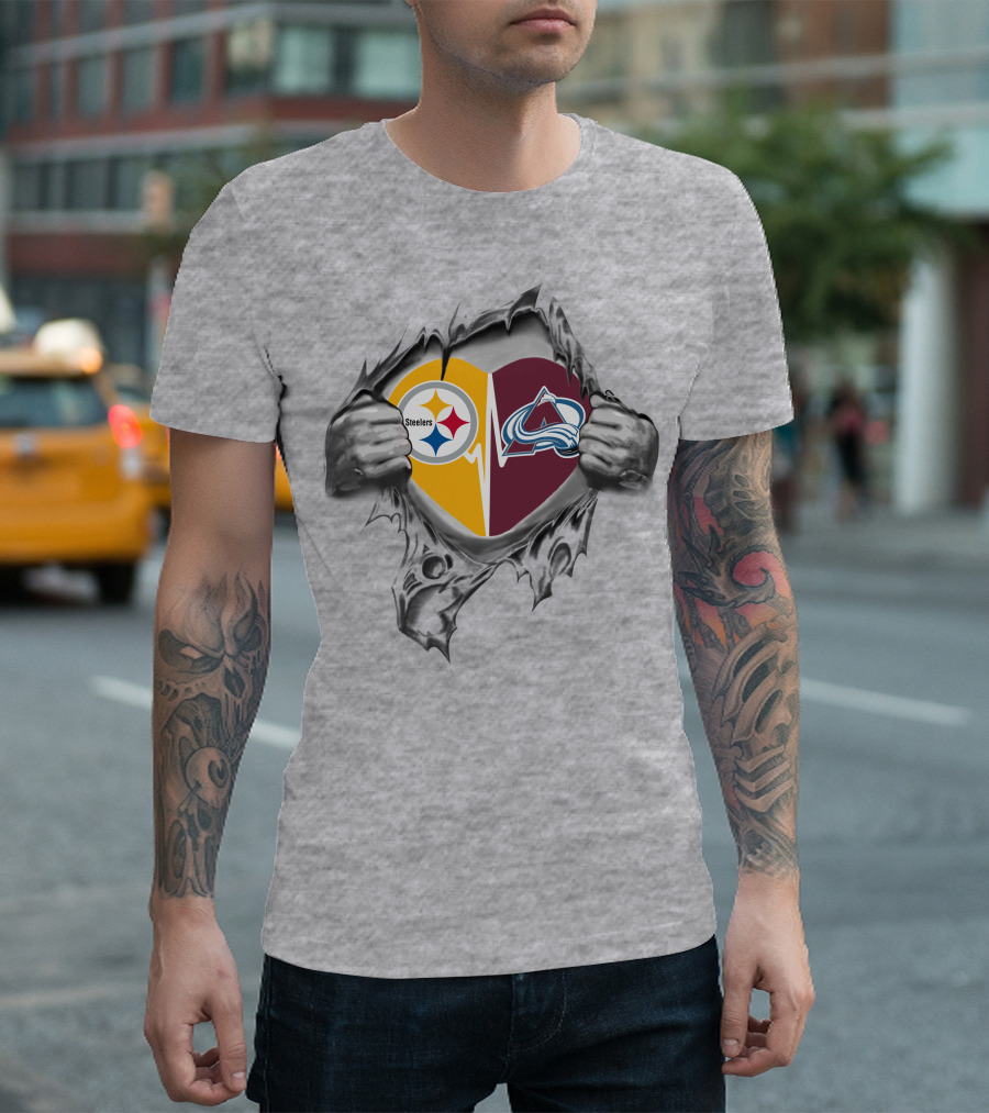 Steelers Colorado Avalanche Heart With Logos Torn Metal Effect T-Shirt