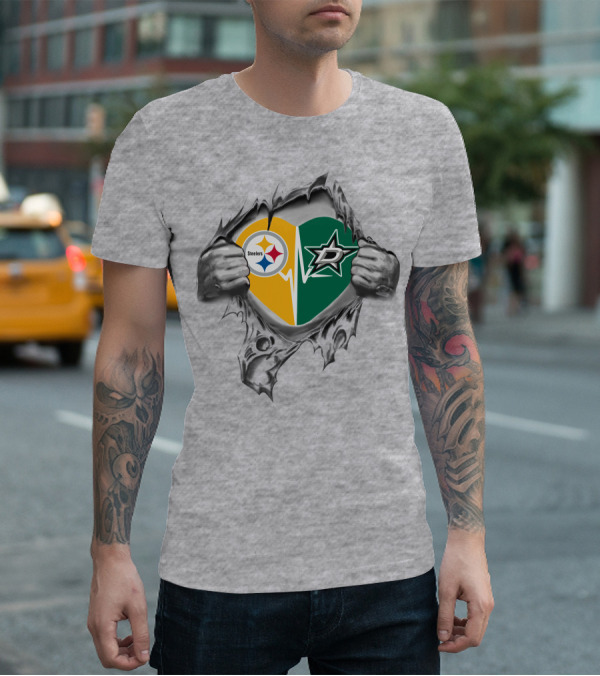 Steelers Dallas Stars Heart Design Featuring Team Logos T-Shirt