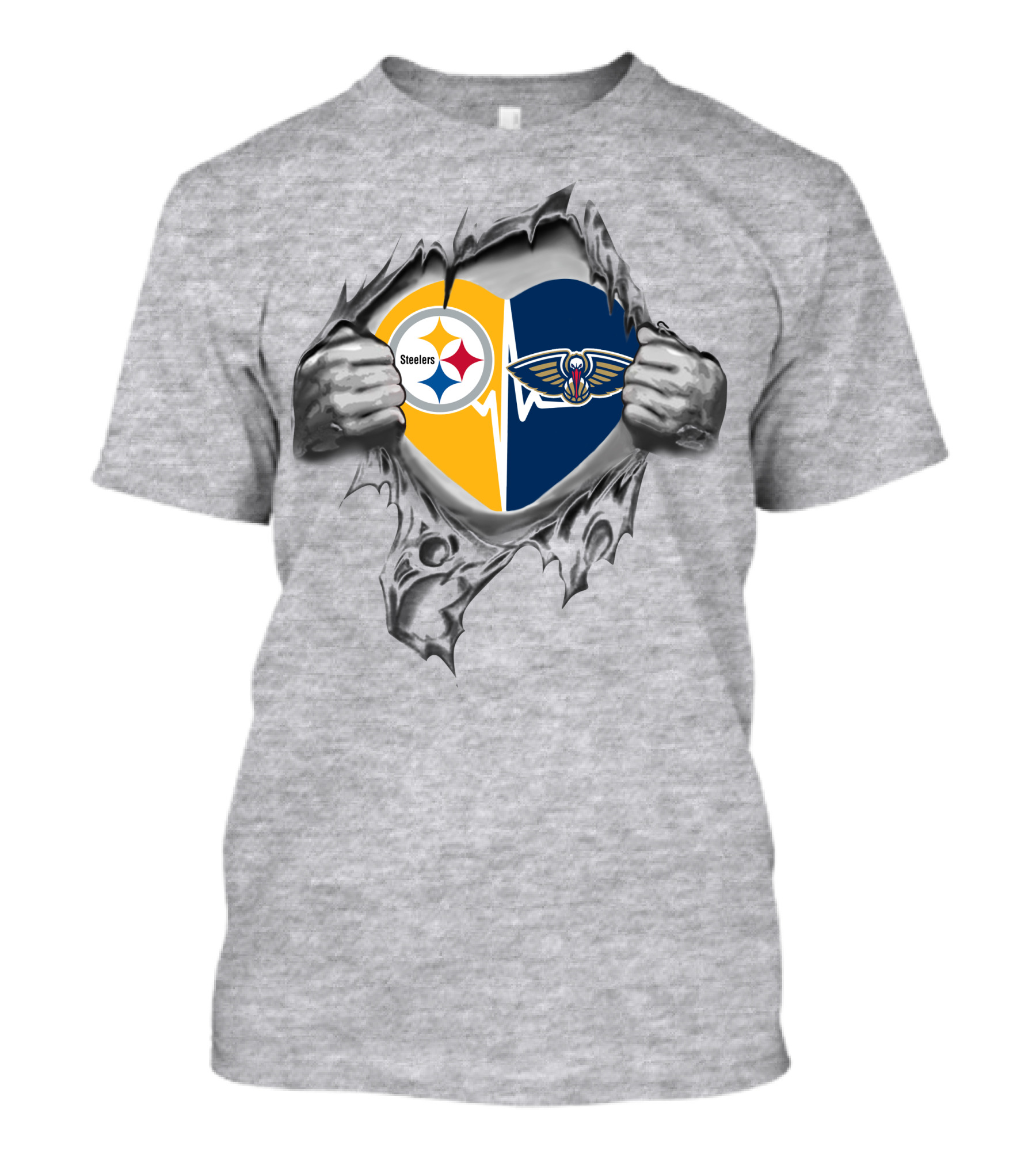 Steelers New Orleans Pelicans Heart Logos Peeking Through Torn Surface T-Shirt