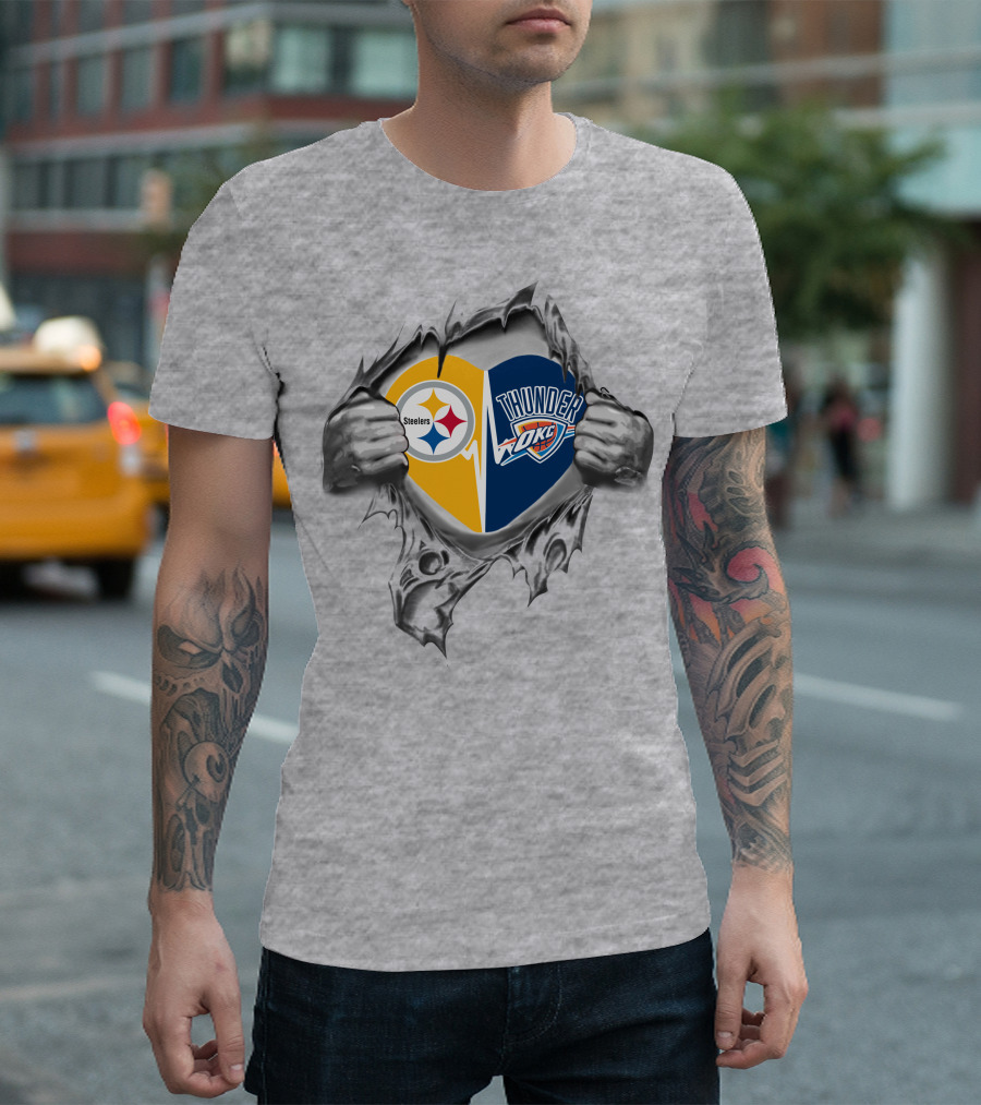 Steelers Oklahoma City Thunder Heart Torn Open Fan Love T-Shirt