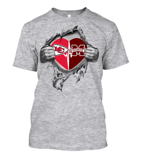Chiefs Mississippi State Bulldogs Heart Design Featuring Logos And Emotional Connection T-Shirt
