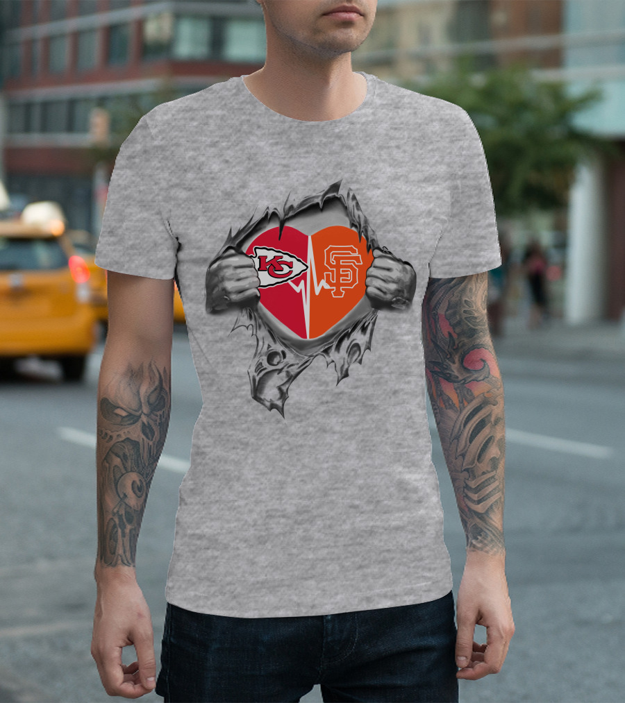 Chiefs San Francisco Giants Heart With Logos Chiefs Arrowhead Sf Monogram T-Shirt