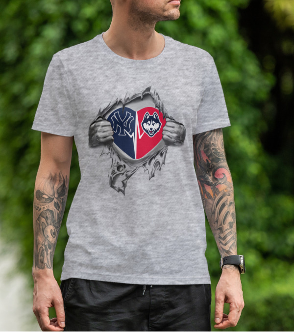 Yankees Uconn Heart Design Featuring Iconic Logos T-Shirt